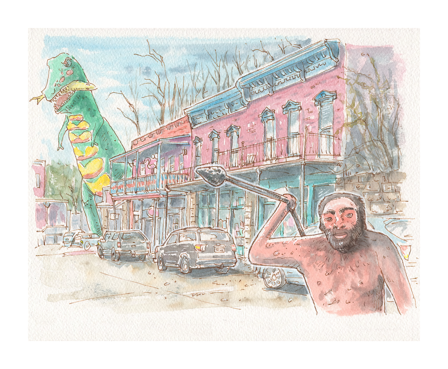 T-rex and Caveman.  - Signed Open Edition Print by Robert R Norman
