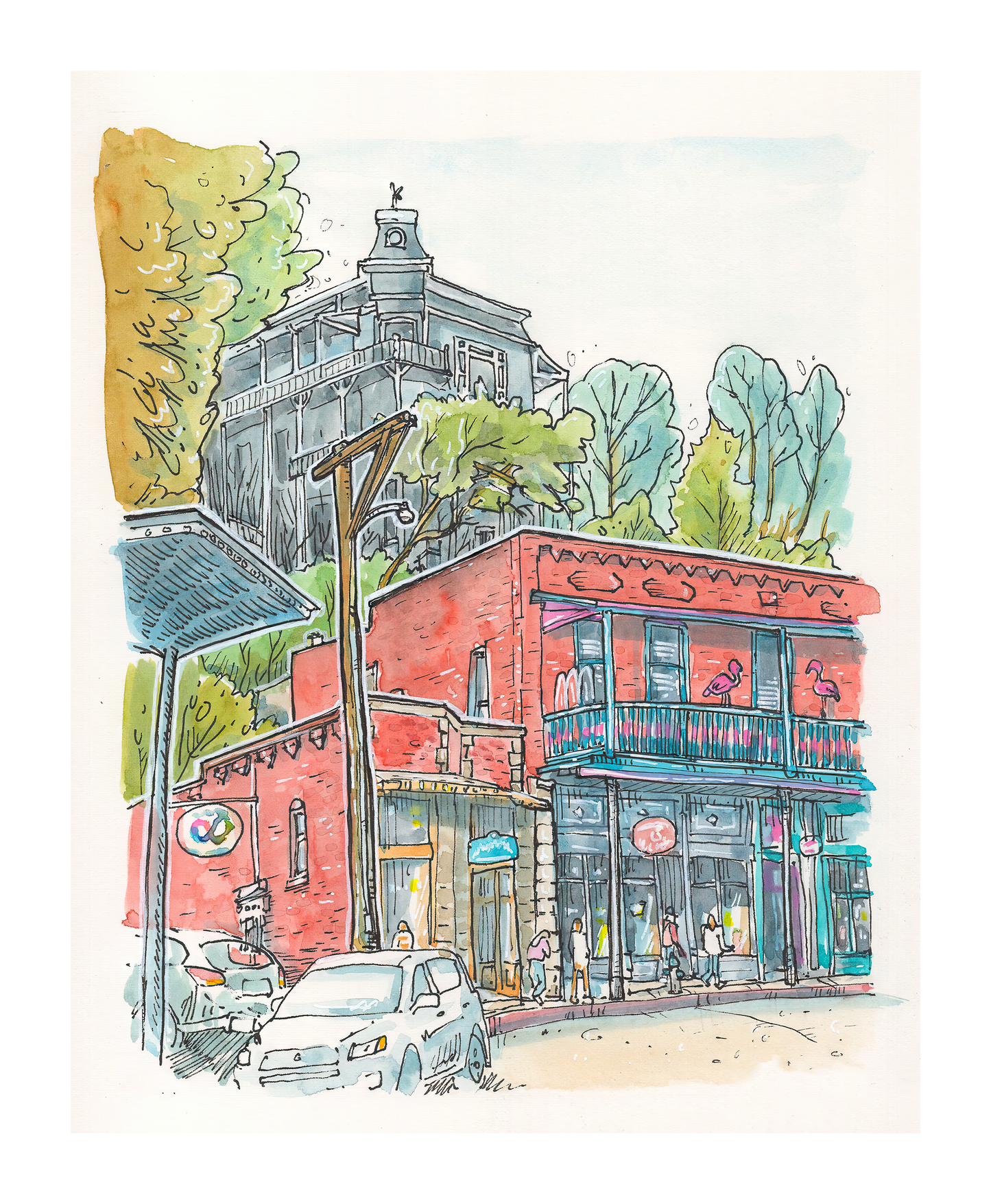 The Pink Flamingo of Eureka Springs - Street Scene - Signed Open Edition Print by Robert R Norman