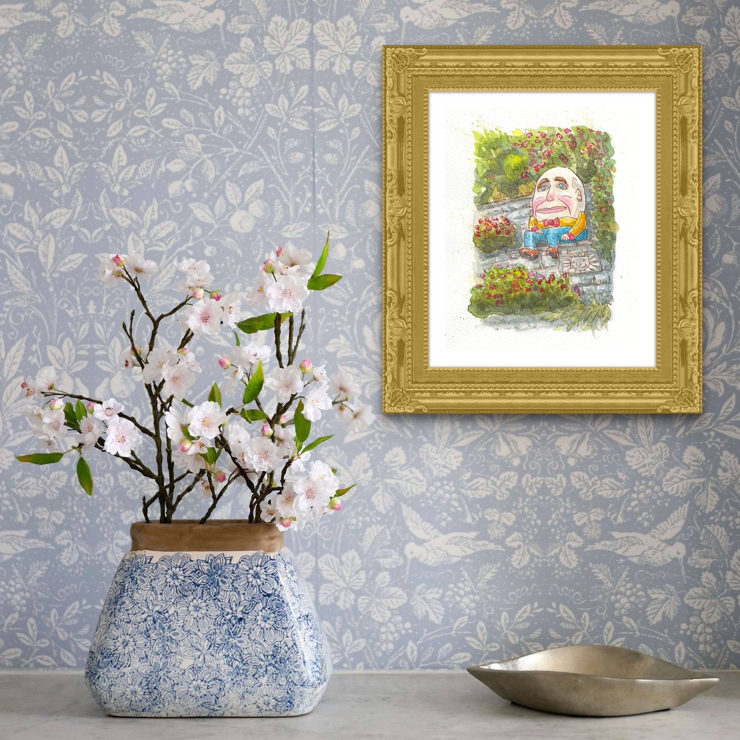 Humpty Dumpty in the rose garden - Signed Open Edition Print by Robert R Norman